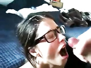 Nerdy girlfriend sucking cock and taking facial